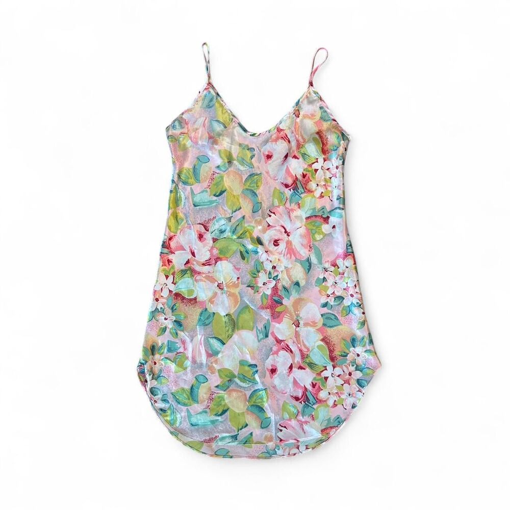 Vintage 'L.A. Intimates' Floral Satin Mini Slip Dress - Size Small